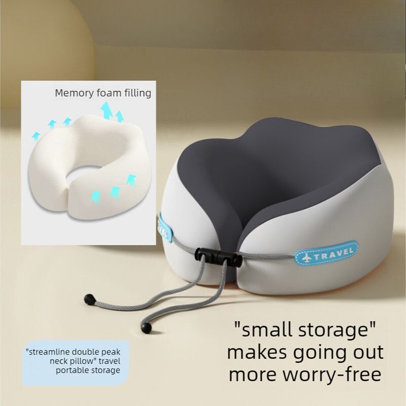 Memory Foam Travel Neck Pillow, U-Shaped Pillow with Ice Silk Cover, Adjustable Lock, and Storage Case for Airplane, Car, Office - Gray - Image 1