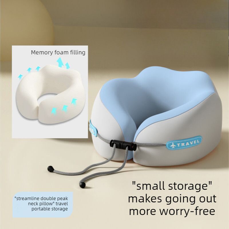 Memory Foam Travel Neck Pillow, U-Shaped Pillow with Ice Silk Cover, Adjustable Lock, and Storage Case for Airplane, Car, Office - Blue - Image 1