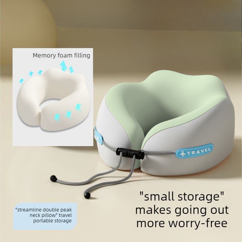 Memory Foam Travel Neck Pillow, U-Shaped Pillow with Ice Silk Cover, Adjustable Lock, and Storage Case for Airplane, Car, Office - Green - Image 1