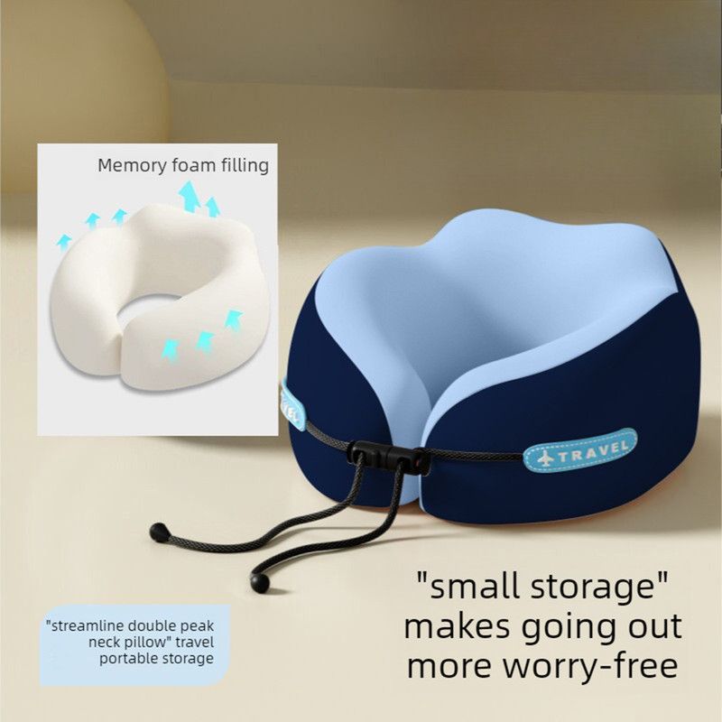Memory Foam Travel Neck Pillow, U-Shaped Pillow with Ice Silk Cover, Adjustable Lock, and Storage Case for Airplane, Car, Office - Dark Blue - Image 1