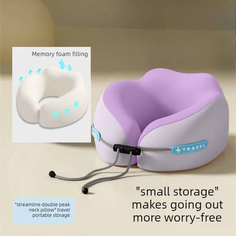 Memory Foam Travel Neck Pillow, U-Shaped Pillow with Ice Silk Cover, Adjustable Lock, and Storage Case for Airplane, Car, Office - Purple - Image 1
