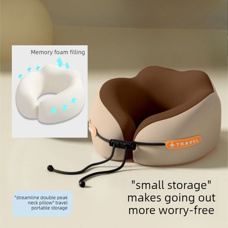 Memory Foam Travel Neck Pillow, U-Shaped Pillow with Ice Silk Cover, Adjustable Lock, and Storage Case for Airplane, Car, Office - Brown - Image 1