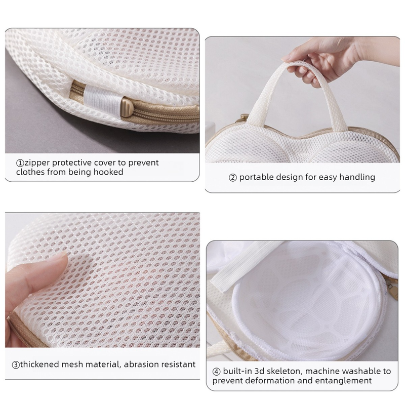 3D Support Bra Laundry Bag, Thick Mesh Bra Wash Bag with Zipper & Handle, Anti-Deformation Bra Protector for Washing Machine - Beige - Image 2