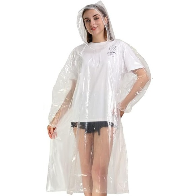 6-Pack - Disposable Thickened PE Rain Poncho, Waterproof Raincoat with Drawstring Hood & Elastic Cuffs, for Hiking, Concerts, and Outdoor Activities - Clear - Image 1