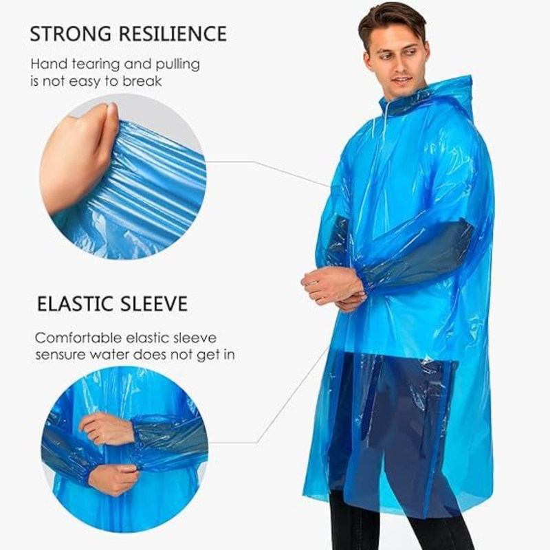 6-Pack - Disposable Thickened PE Rain Poncho, Waterproof Raincoat with Drawstring Hood & Elastic Cuffs, for Hiking, Concerts, and Outdoor Activities - Clear - Image 4