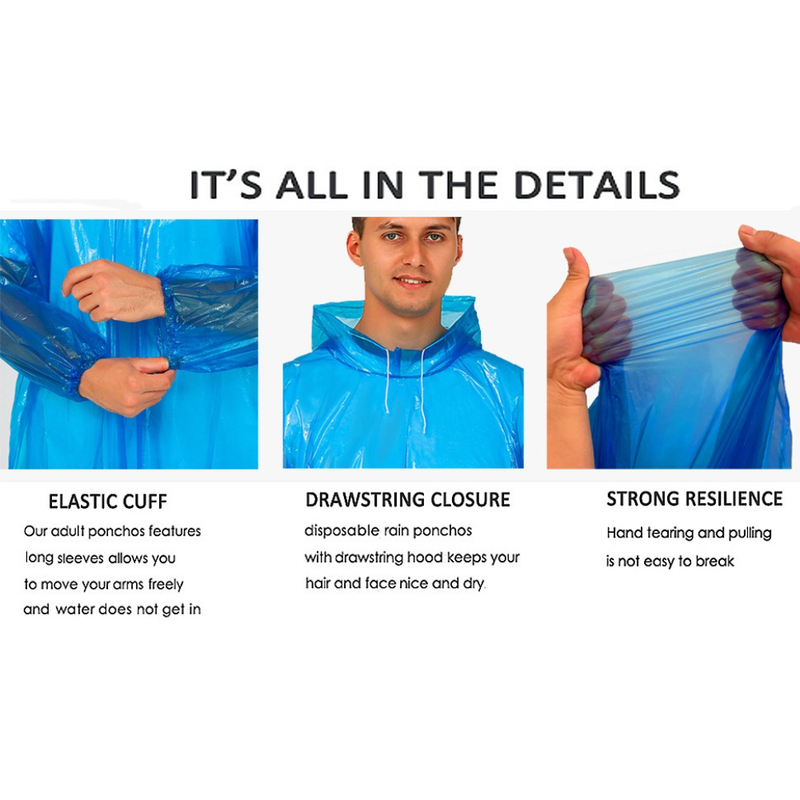 6-Pack - Disposable Thickened PE Rain Poncho, Waterproof Raincoat with Drawstring Hood & Elastic Cuffs, for Hiking, Concerts, and Outdoor Activities - Clear - Image 5