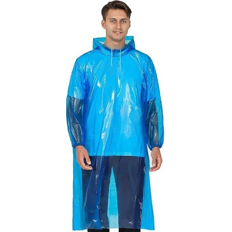 6-Pack - Disposable Thickened PE Rain Poncho, Waterproof Raincoat with Drawstring Hood & Elastic Cuffs, for Hiking, Concerts, and Outdoor Activities - Blue - Image 1