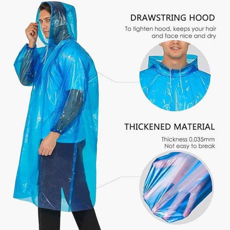 6-Pack - Disposable Thickened PE Rain Poncho, Waterproof Raincoat with Drawstring Hood & Elastic Cuffs, for Hiking, Concerts, and Outdoor Activities - Blue - Image 2
