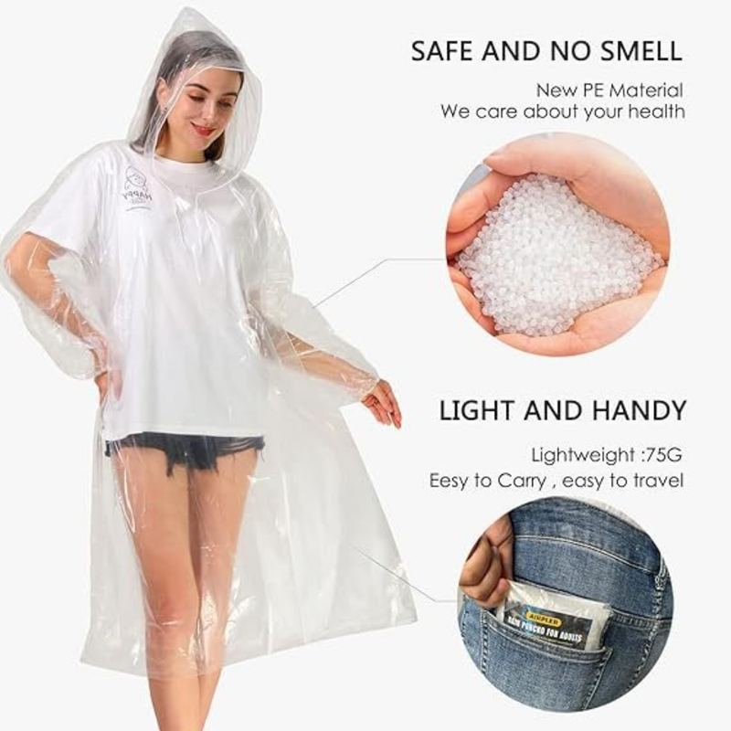 6-Pack - Disposable Thickened PE Rain Poncho, Waterproof Raincoat with Drawstring Hood & Elastic Cuffs, for Hiking, Concerts, and Outdoor Activities - Blue - Image 3