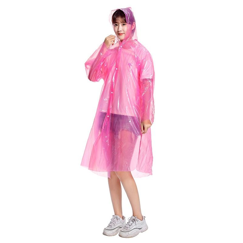 6-Pack - Disposable Thickened Open-Front Raincoat, Waterproof Poncho with Snap Buttons & Adjustable Hood, Portable for Hiking and Travel - Pink - Image 1
