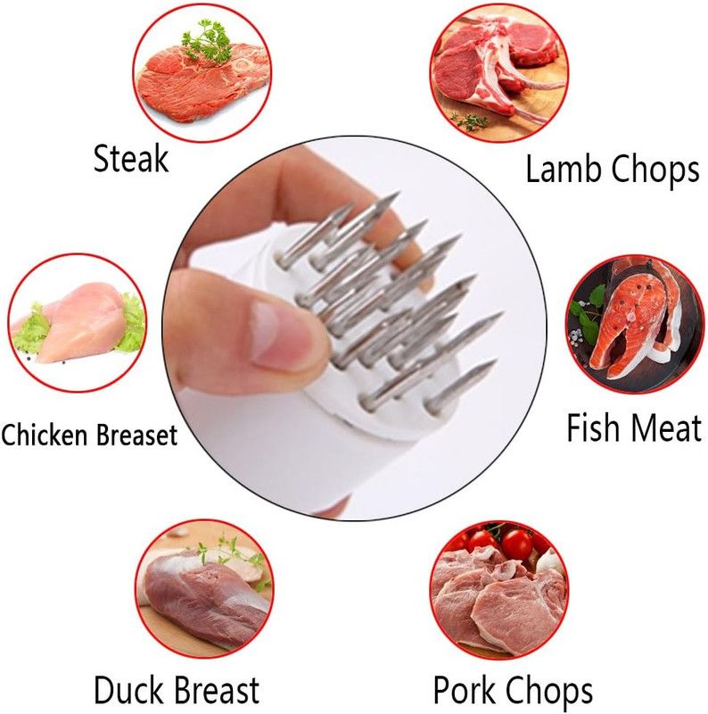 Stainless Steel Meat Tenderizer, 2.5cm Needle Pricker with Safety Guard & Automatic Rebound, for Steak, Pork, Chicken, BBQ & Marinade - White - Image 3