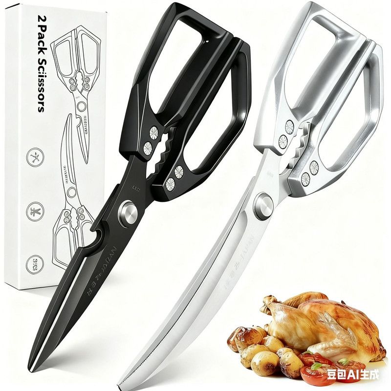 2-Pack Kitchen Scissors Set, SK5 Stainless Steel, Multi-Functional Straight & Curved Shears for Chicken Bones, BBQ, Fish, Vegetables - Black + Silver - Image 1