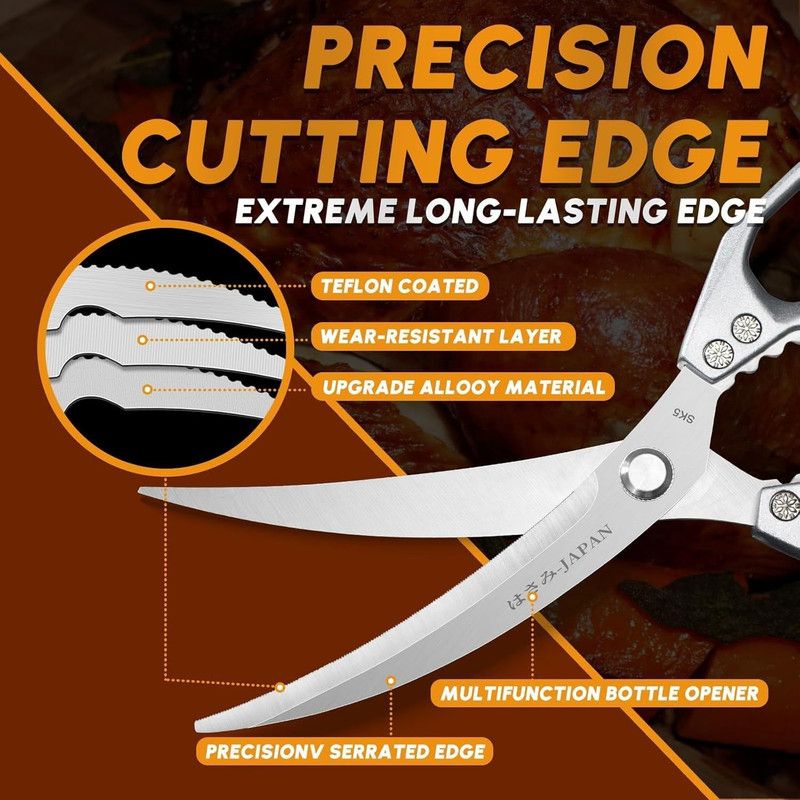 2-Pack Kitchen Scissors Set, SK5 Stainless Steel, Multi-Functional Straight & Curved Shears for Chicken Bones, BBQ, Fish, Vegetables - Silver + Black - Image 2