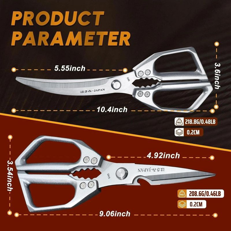2-Pack Kitchen Scissors Set, SK5 Stainless Steel, Multi-Functional Straight & Curved Shears for Chicken Bones, BBQ, Fish, Vegetables - Silver + Black - Image 5