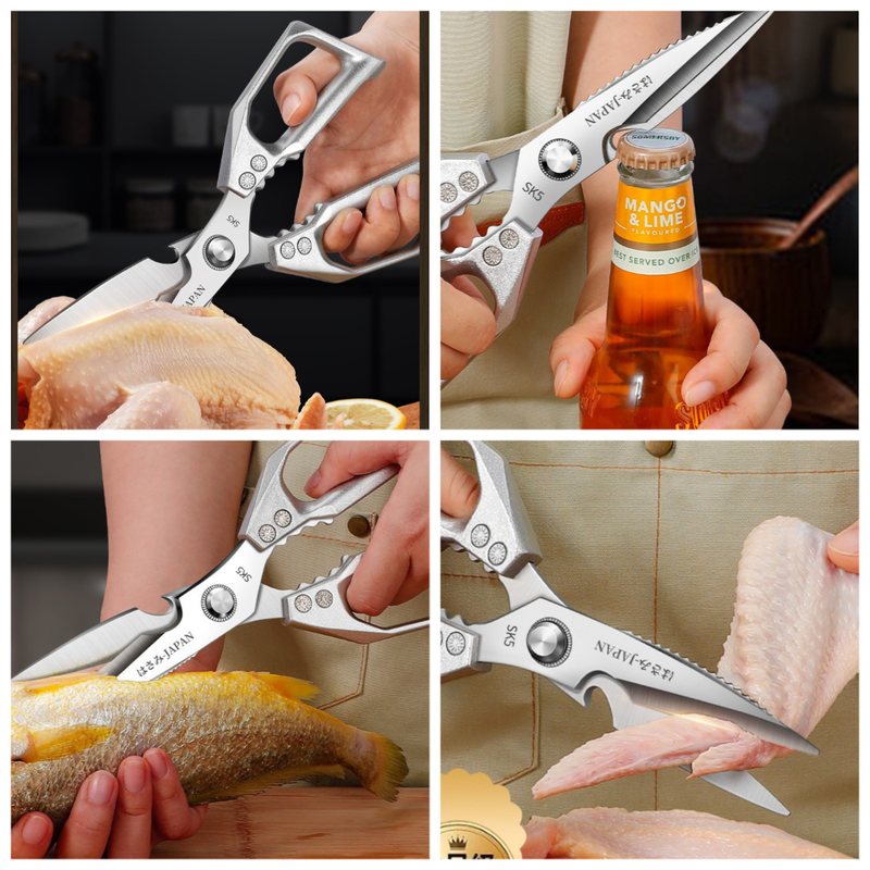 2-Pack Kitchen Scissors Set, SK5 Stainless Steel, Multi-Functional Straight & Curved Shears for Chicken Bones, BBQ, Fish, Vegetables - Silver - Image 3