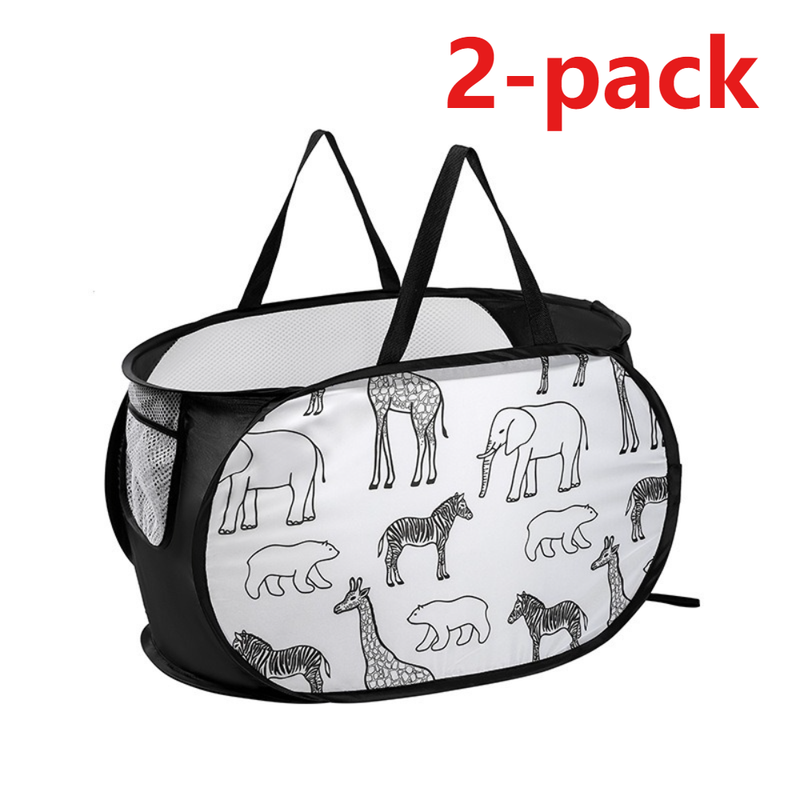 2-Pack Collapsible Laundry Basket, Large Capacity Printed Oxford Cloth Hamper with Handles for Bathroom Storage, Giraffe Print - Black - Image 1