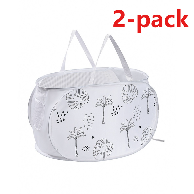 2-Pack Collapsible Laundry Basket, Large Capacity Printed Oxford Cloth Hamper with Handles for Bathroom Storage, Leaf Pattern - White - Image 1