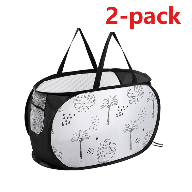 2-Pack Collapsible Laundry Basket, Large Capacity Printed Oxford Cloth Hamper with Handles for Bathroom Storage, Leaf Pattern - Black - Image 1