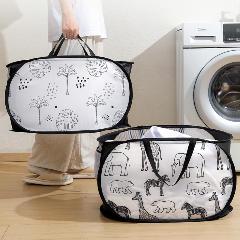 2-Pack Collapsible Laundry Basket, Large Capacity Printed Oxford Cloth Hamper with Handles for Bathroom Storage, Leaf Pattern - Black - Image 3