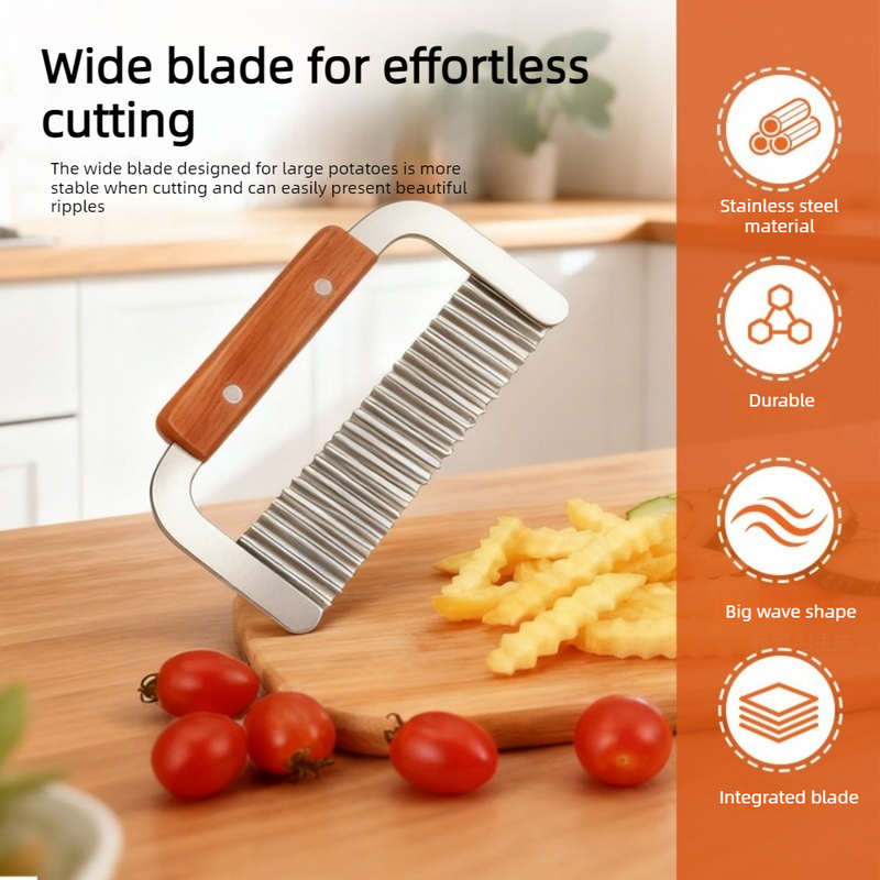 1 piece - Stainless Steel Wavy Potato Cutter with Wooden Handle, Crinkle-Cut French Fry Slicer, Multi-Purpose Vegetable Chopper - Image 2