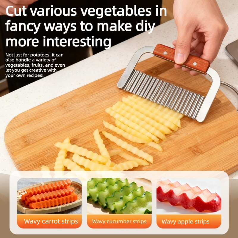 2 pieces - Stainless Steel Wavy Potato Cutter with Wooden Handle, Crinkle-Cut French Fry Slicer, Multi-Purpose Vegetable Chopper - Image 3