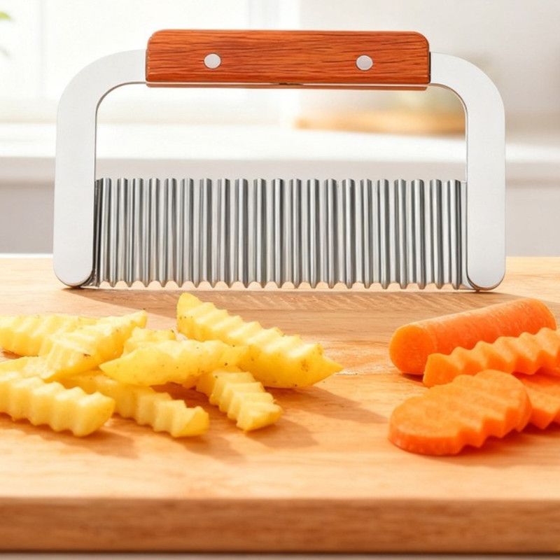 2 pieces - Stainless Steel Wavy Potato Cutter with Wooden Handle, Crinkle-Cut French Fry Slicer, Multi-Purpose Vegetable Chopper - Image 4