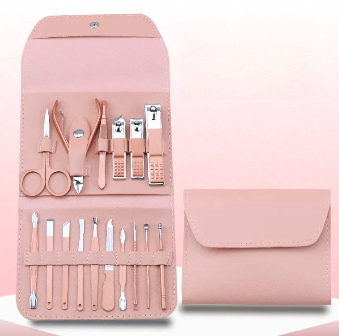 16-Piece Stainless Steel Manicure and Pedicure Set, Home Nail Clippers and Cuticle Tools Kit for Hand, Foot, and Facial Care—Pink - Image 1