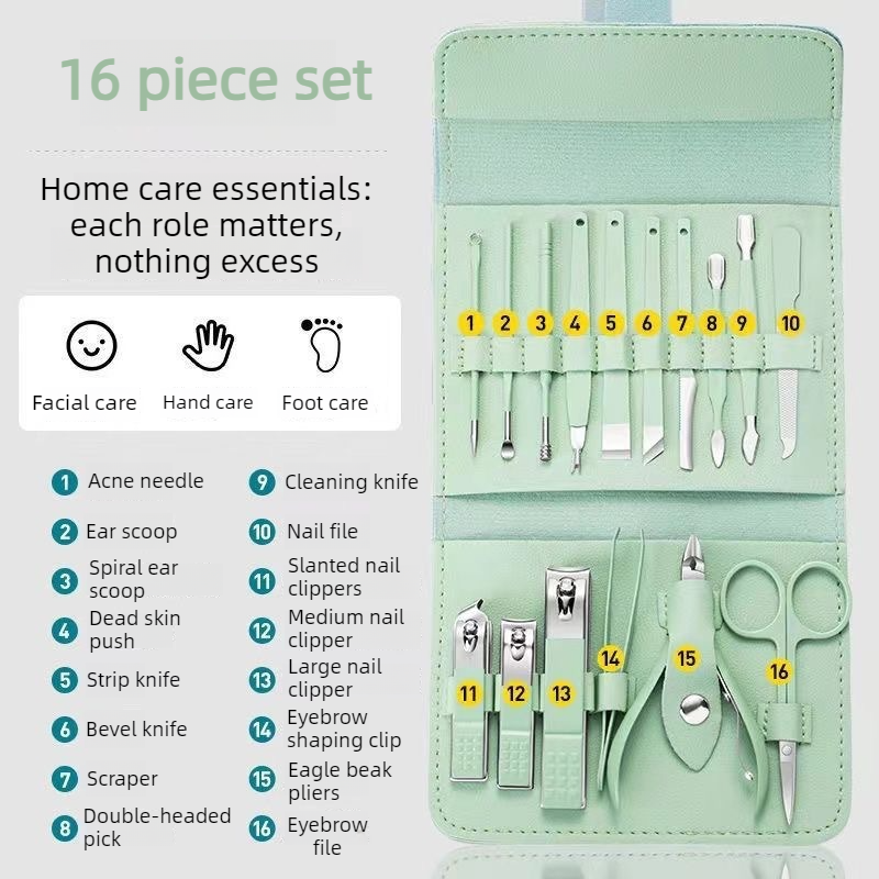 16-Piece Stainless Steel Manicure and Pedicure Set, Home Nail Clippers and Cuticle Tools Kit for Hand, Foot, and Facial Care—Pink - Image 2