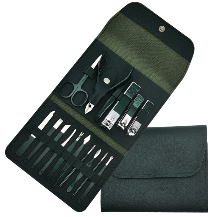 16-Piece Stainless Steel Manicure and Pedicure Set, Home Nail Clippers and Cuticle Tools Kit for Hand, Foot, and Facial Care - Black - Image 1