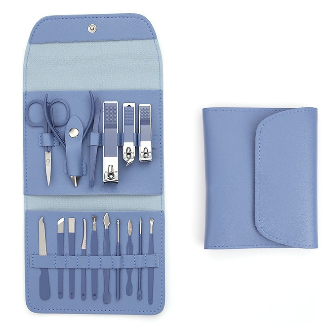 16-Piece Stainless Steel Manicure and Pedicure Set, Home Nail Clippers and Cuticle Tools Kit for Hand, Foot, and Facial Care - Blue - Image 1