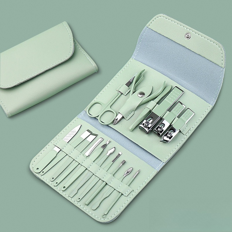 16-Piece Stainless Steel Manicure and Pedicure Set, Home Nail Clippers and Cuticle Tools Kit for Hand, Foot, and Facial Care—Green - Image 1