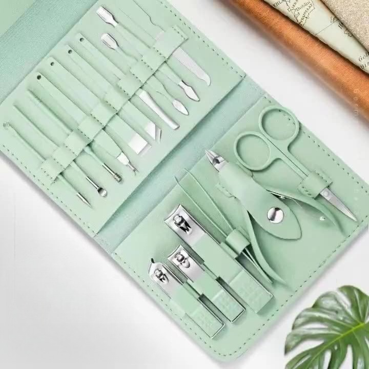 16-Piece Stainless Steel Manicure and Pedicure Set, Home Nail Clippers and Cuticle Tools Kit for Hand, Foot, and Facial Care—Green - Image 4