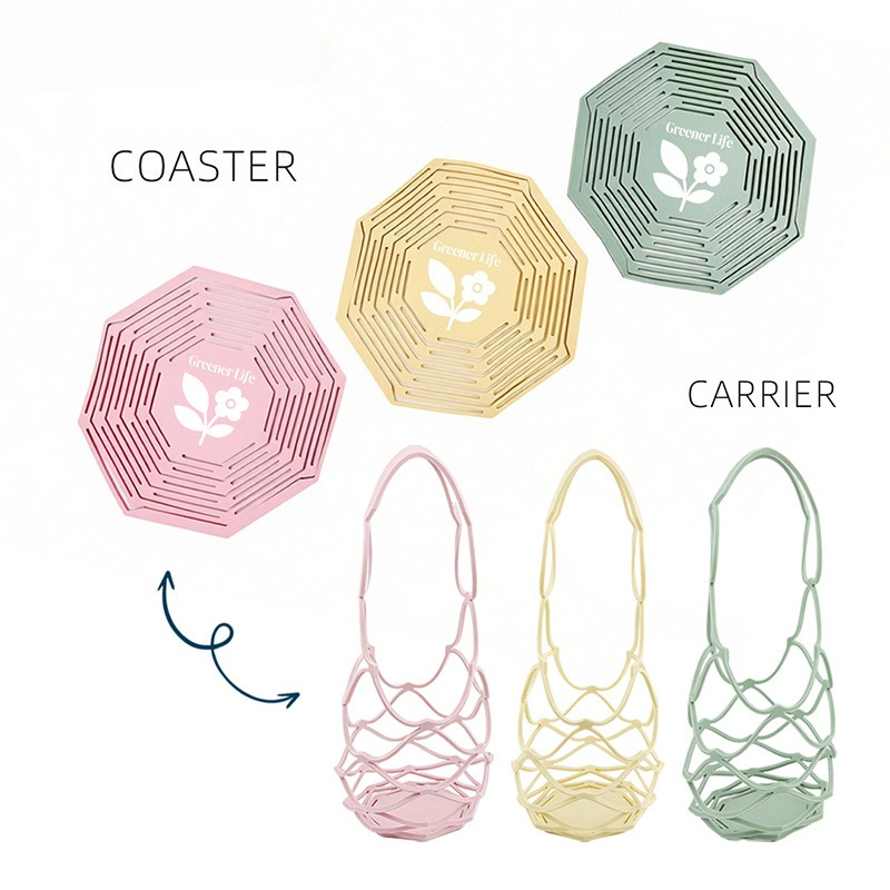 2-in-1 Transformable Silicone Coaster Carrier, Foldable Reusable Wine, Milk Tea, and Beverage Carry Bag & Heat Mat Gift - Pink - Image 7