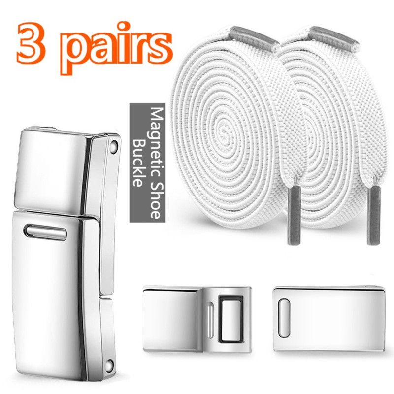 3 Pairs - Magnetic Wide Elastic No-Tie Shoelaces Set, Lazy Magnetic Lock Stretch Laces for Kids and Adults - White - Image 1
