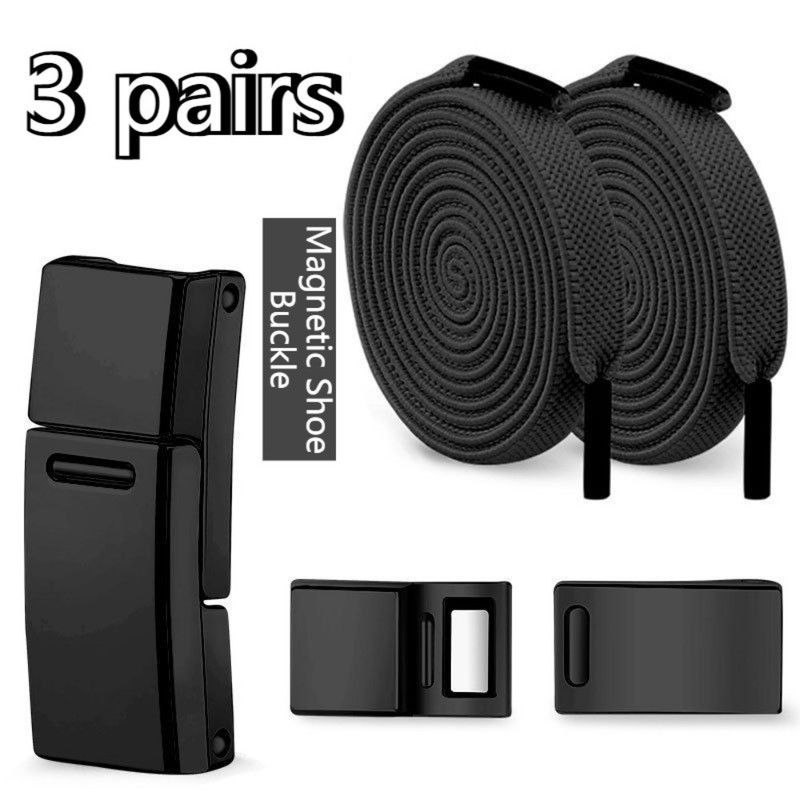 3-Pair Set - Magnetic Wide Elastic No-Tie Shoelaces, Lazy Magnetic Lock Stretch Laces for Kids and Adults - Black - Image 1