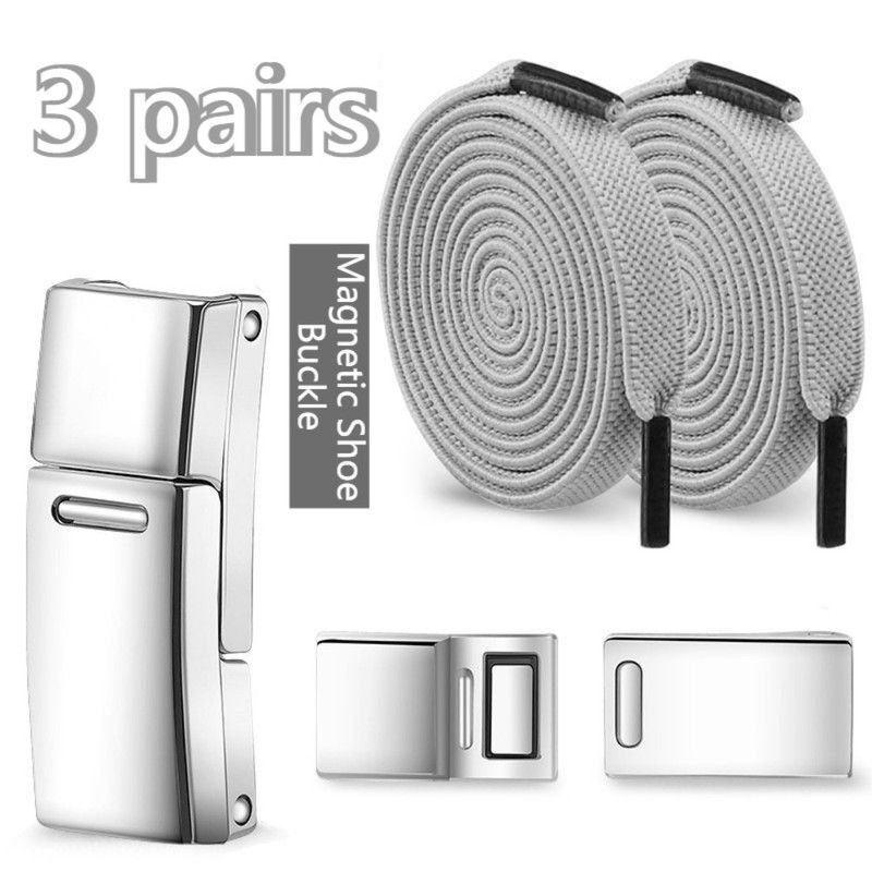 3-Pair Set - Magnetic Wide Elastic No-Tie Shoelaces, Lazy Magnetic Lock Stretch Laces for Kids and Adults - Gray - Image 1