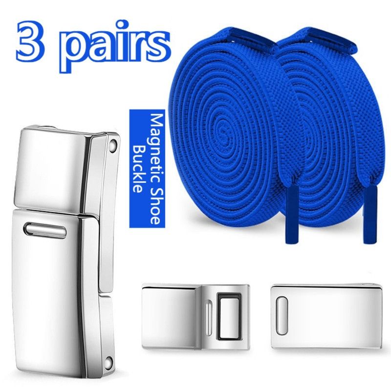 3 Pairs - Magnetic Wide Elastic No-Tie Shoelaces Set, Lazy Magnetic Lock Stretch Laces for Kids and Adults - Blue - Image 1