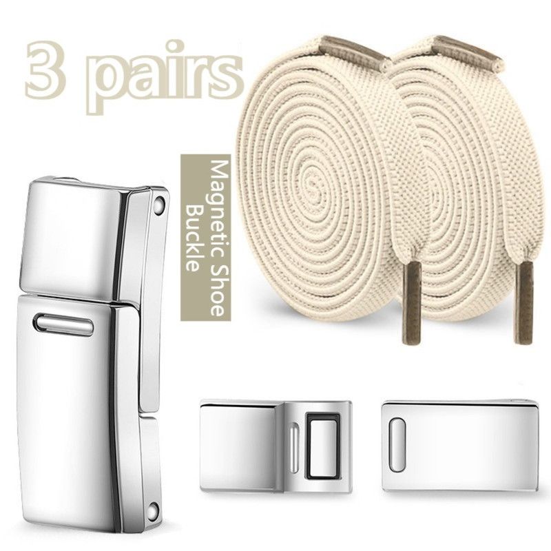 3-Pair Set - Magnetic Wide Elastic No-Tie Shoelaces, Lazy Magnetic Lock Stretch Laces for Kids and Adults - Beige - Image 1