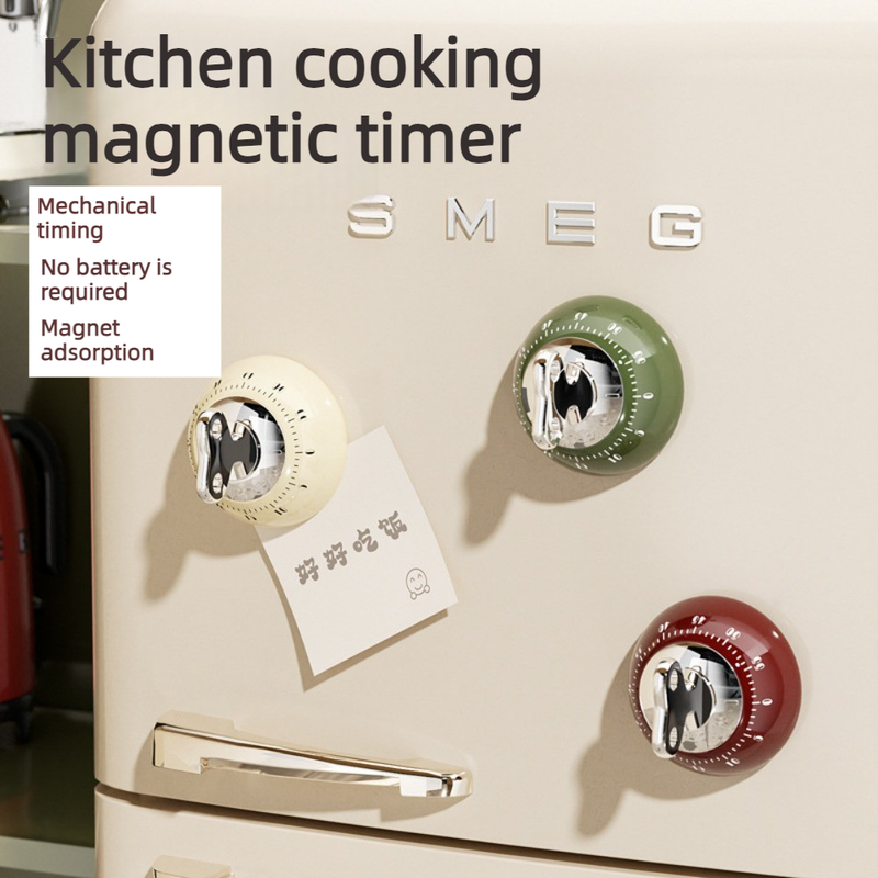 Vintage Magnetic Mechanical Kitchen Timer, 60-Minute Countdown Timer for the Fridge, Battery-Free Cooking Alarm—Red - Image 2