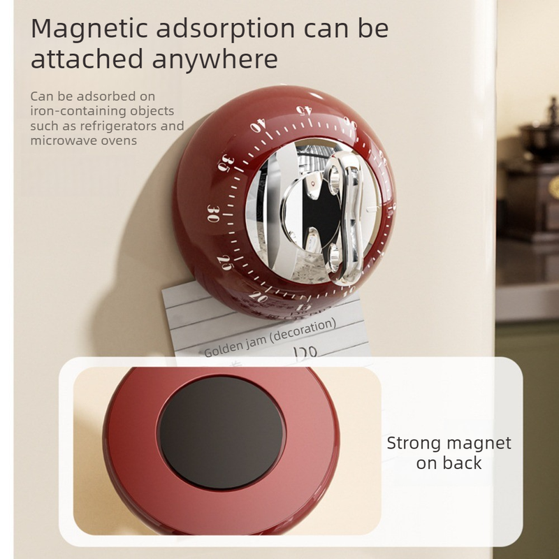 Vintage Magnetic Mechanical Kitchen Timer, 60-Minute Countdown Timer for the Fridge, Battery-Free Cooking Alarm—Red - Image 3