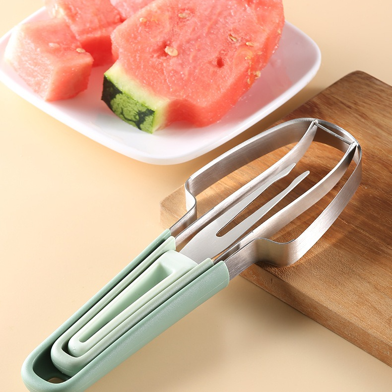 3-in-1 Stainless Steel Watermelon Cutter Set, Multi-Function Melon Slicer, Scoop, and Fork Kitchen Tool—Green - Image 1