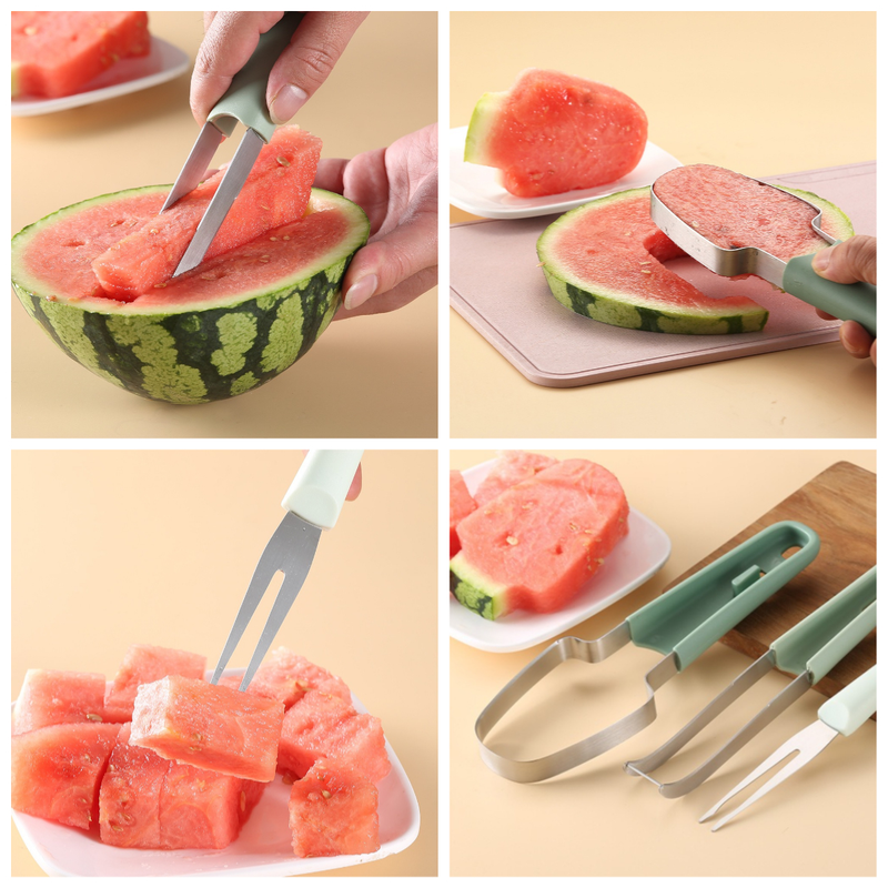 3-in-1 Stainless Steel Watermelon Cutter Set, Multi-Function Melon Slicer, Scoop, and Fork Kitchen Tool—Green - Image 4