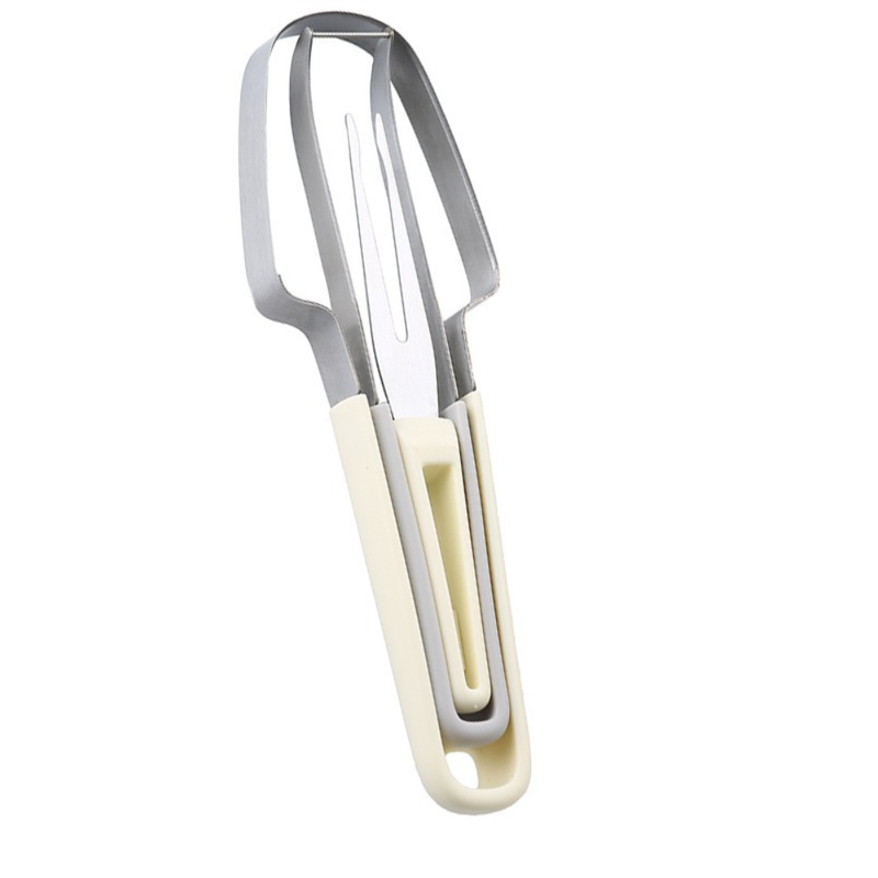 3-in-1 Stainless Steel Watermelon Cutter Set, Multi-Function Melon Slicer, Scoop, and Fork Kitchen Tool—Off-White - Image 1