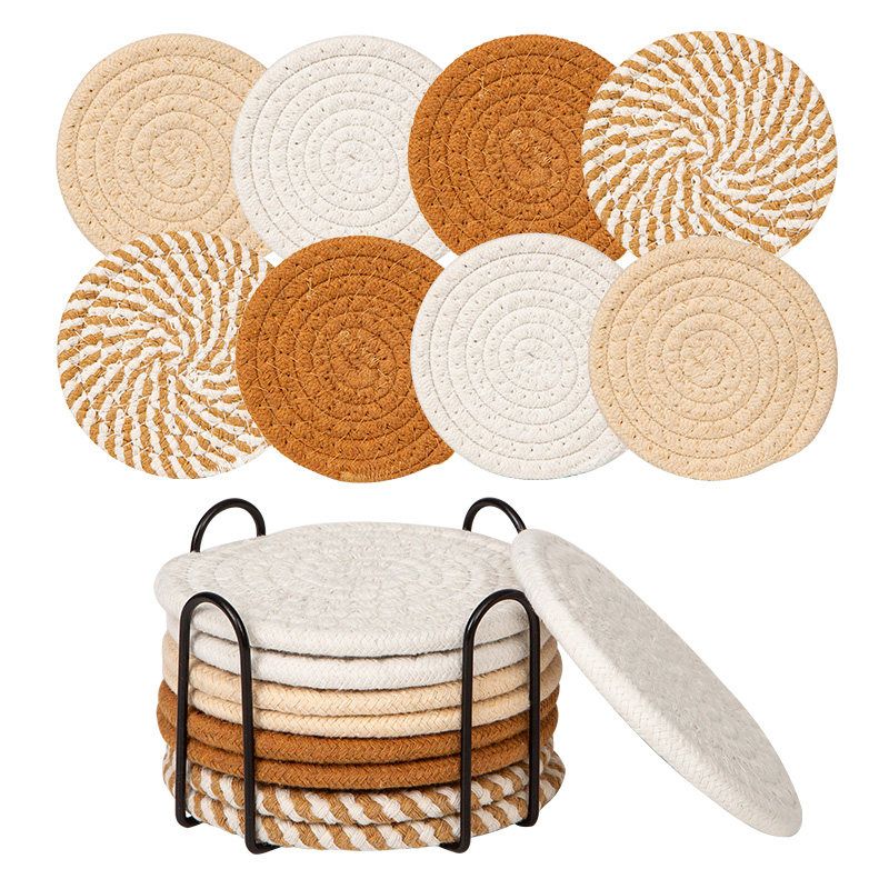 INS Style Round Cotton Woven Heat-Resistant Coasters, 8-Piece Set of Thick Table Pot Mats with Free Iron Storage Rack—White-Brown - Image 1