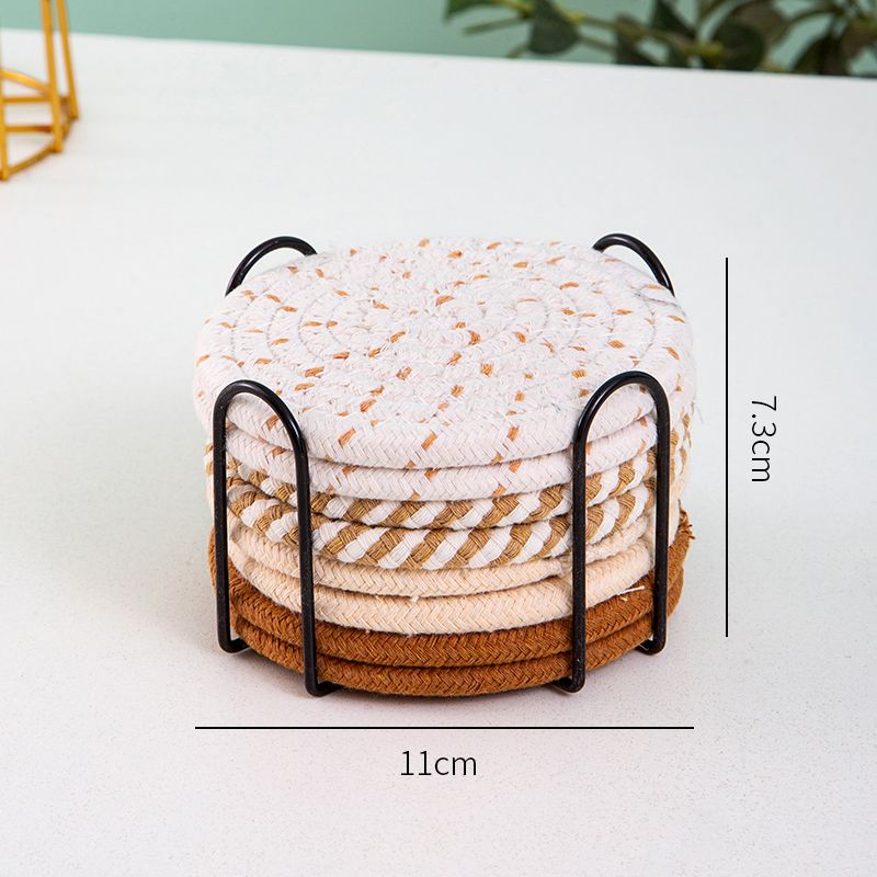 INS Style Round Cotton Woven Heat-Resistant Coasters, 8-Piece Set of Thick Table Pot Mats with Free Iron Storage Rack—White-Brown - Image 2