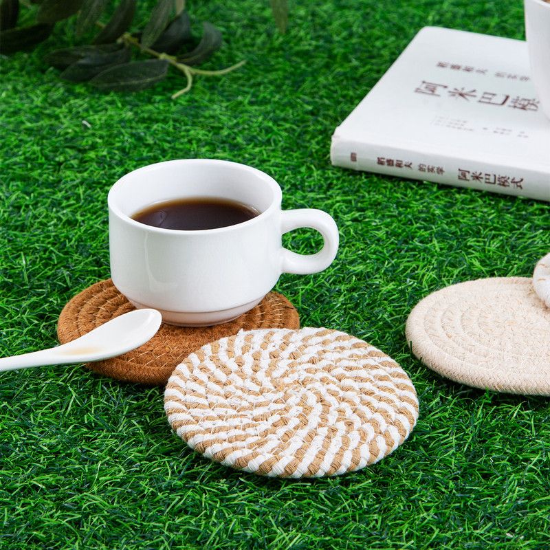 INS Style Round Cotton Woven Heat-Resistant Coasters, 8-Piece Set of Thick Table Pot Mats with Free Iron Storage Rack—White-Brown - Image 5
