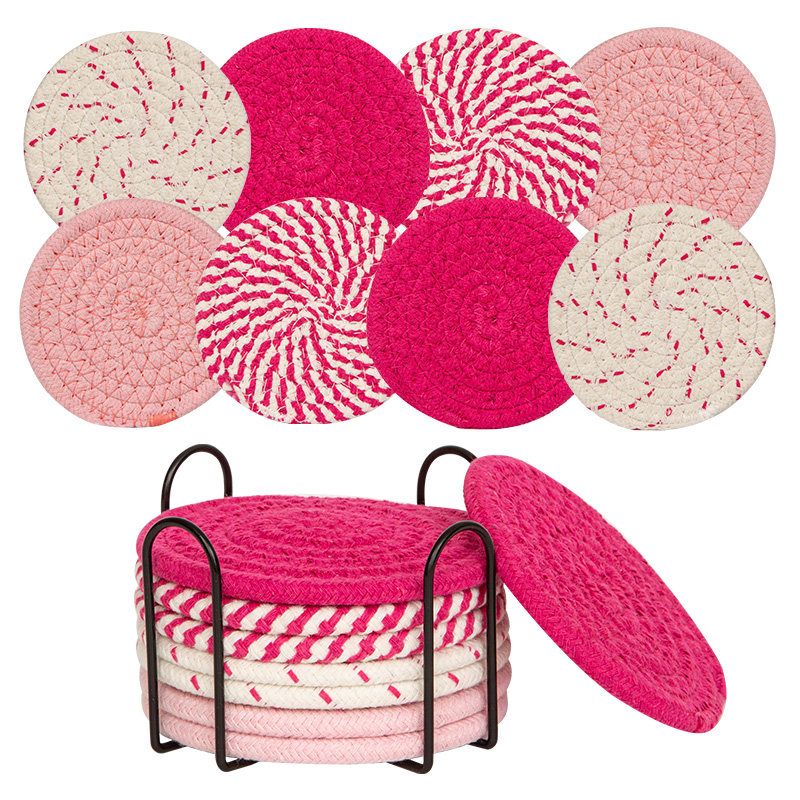 INS Style Round Cotton Woven Heat-Resistant Coasters, 8-Piece Set of Thick Table and Pot Mats with Free Iron Storage Rack - Pink - Image 1