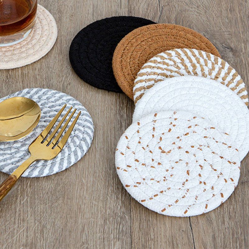 INS Style Round Cotton Woven Heat-Resistant Coasters, 8-Piece Set of Thick Table and Pot Mats with Free Iron Storage Rack - Pink - Image 3