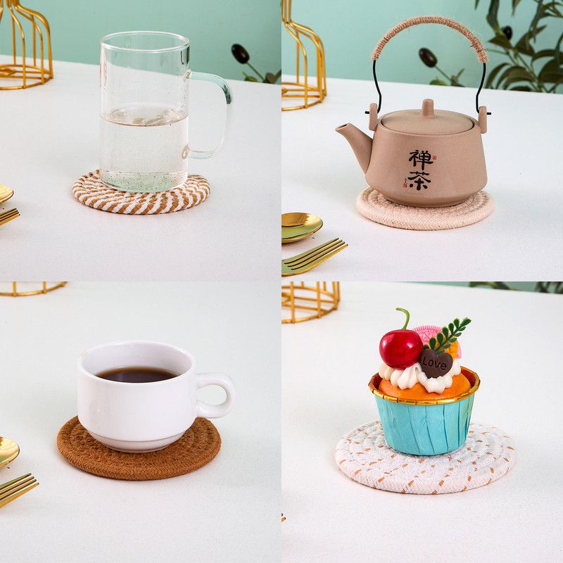INS Style Round Cotton Woven Heat-Resistant Coasters, 8-Piece Set of Thick Table and Pot Mats with Free Iron Storage Rack - Pink - Image 6