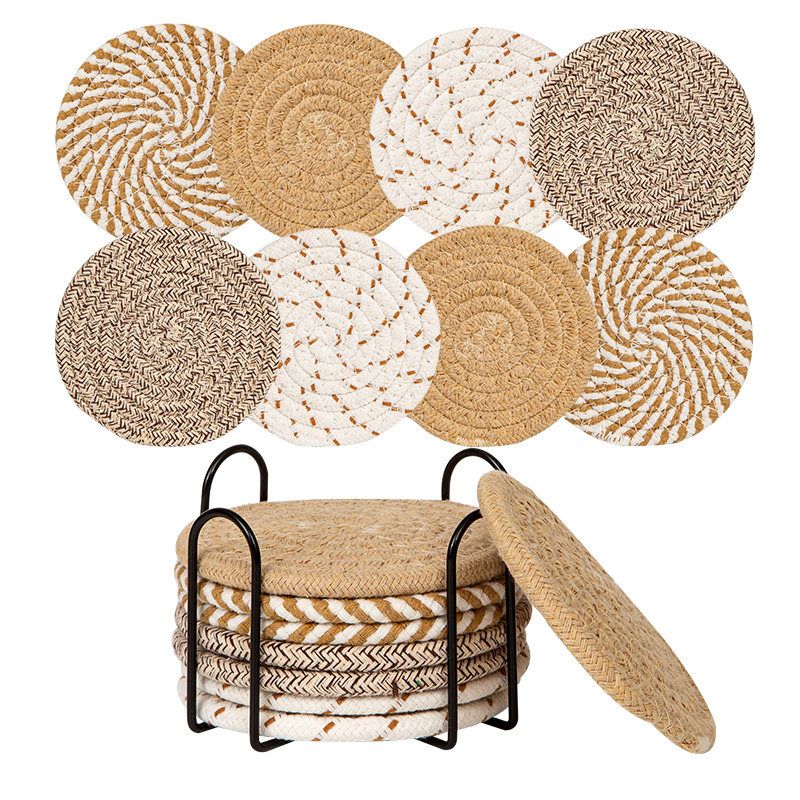 INS Style Round Cotton Woven Heat-Resistant Coasters, 8-Piece Set of Thick Table Pot Mats with Free Iron Storage Rack—Gray-Brown - Image 1